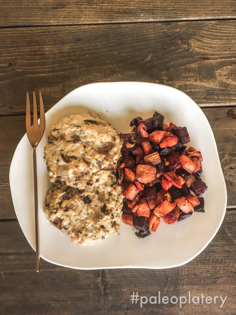 maple chicken patties with roasted root vegetables (no cranberry sauce)