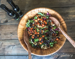 mixed green salad with roasted vegetable “croutons”