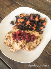 maple chicken patties & cranberry sauce with roasted root vegetables